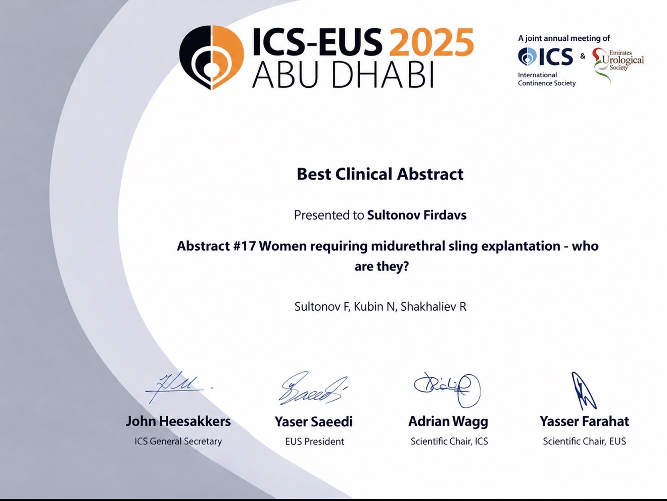 Сертификат Best Clinical Abstract — ICS-EUS 2025, Абу-Даби